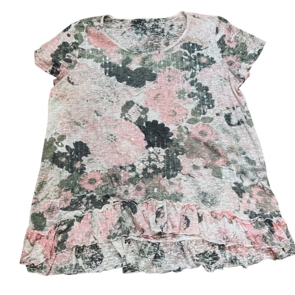 Floral Sequin Ruffle Hem Top XL Burnout Shirt Fairycore Fairy Whimsy *Fits M/L